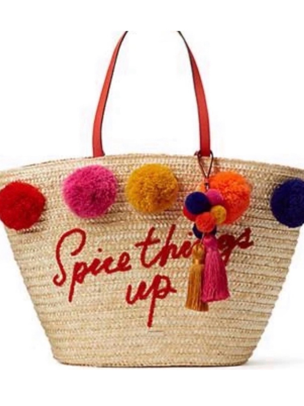 KATE SPADE- Straw Tote Bag with Colorful Pom Poms and 'Spice Things Up' Script